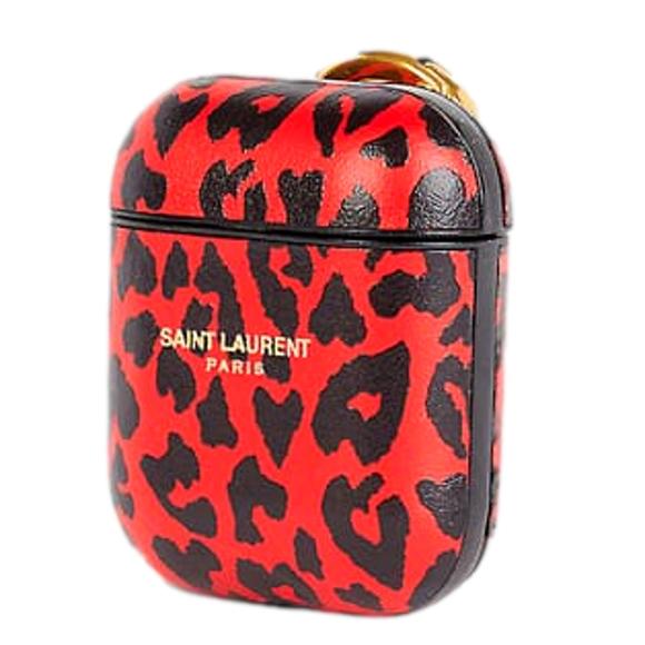 Saint Laurent Leopard Print Black and Red Leather Airpods - Picture 3 of 5